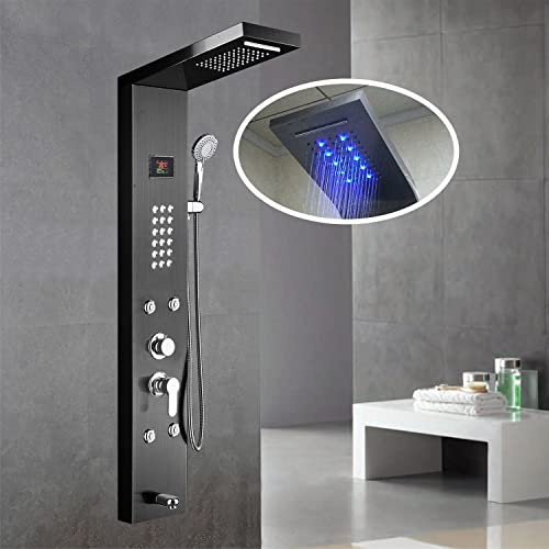 LZDOYY Colonne De Douche Hydromassante LED 6 Fonction,SystèMe De Douche Cascade De Pluie Douche à Main Sortie De Baignoire D'Hydromassage ArrièRe Et Jeu De Douche BrosséE avec AéRographe,Black