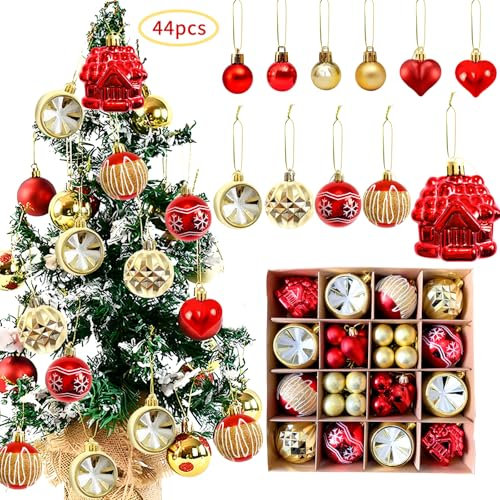 Kocusu Christmas Baubles Ornaments Set 42PCS with Various Shapes,Christmas Decorations Tree Baubles with String for Tree,Window,Garden,Party,Red & Gold