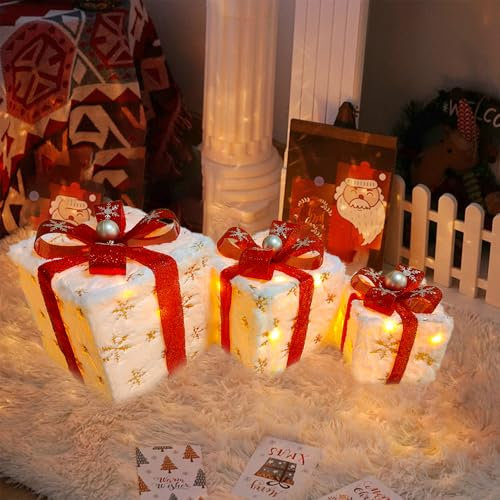 LED Geschenkboxen mit Timer 3er Set,Led Deko Geschenke Leucht Boxen,Geschenkboxen Led Weihnachten,Weihnachtenbox Beleuchtet,Weihnachts Dekoboxen,Christbaum Deko Beleuchtung,Batterie betrieben