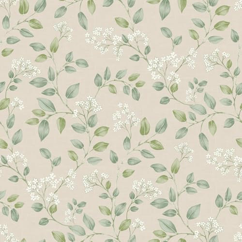Forget Me Not Neutral Green Wallpaper - Floral Leaves Trail Flowers - Classic Traditional Stylish Feature Wall