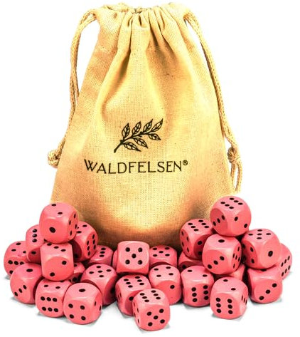 Waldfelsen 6, 12, 20, 30 oder 50 hochqualitative Holzwürfel aus echtem Buchenholz Augenwürfel Spielwürfel aus Holz in 16 mm Standardwürfel mit Stoffbeutel Würfelset (Rose, 30 Stück)