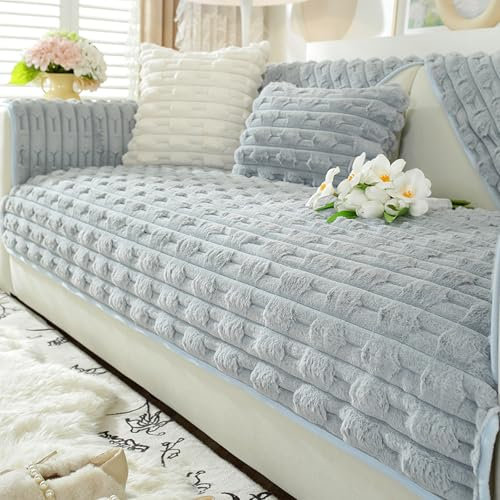 Fluffy Plush Striped Furniture Protector Couch Cover, 3D Striped Thick Rabbit Plush Sofa Cushion, Resistant Cozy Couch Covers Fluffy Fuzzy Sofa Slipcover Furniture Protector (Light gray,35.4in*70.9in)