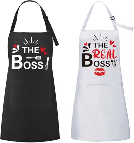 2pcs Küchen Schürze Lustige Paare Küchenschürze mit Tasche Verstellbar Kochschürze Grillschürzen Geschenk für Hochzeit Verlobung Valentinstag Weihnachten,Verstellbare Paar Schürzen mit 2 Taschen
