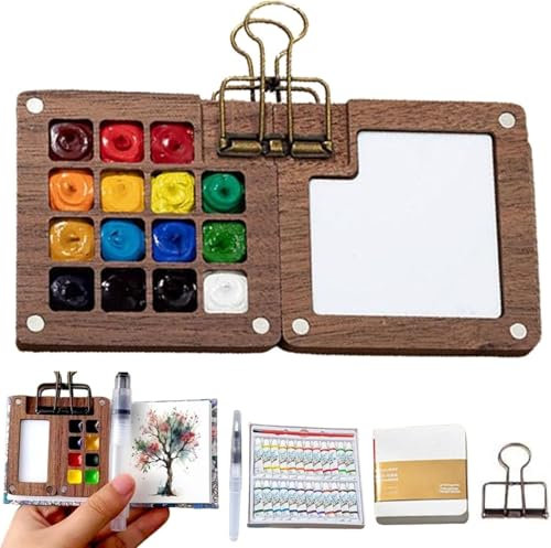 Portable Palette,Pocket Artist Watercolour Travel Set, 15 Grids Watercolour Palette with metal clip, Mini Travel Paint Set with Mini Wood Palette Box, Pocket Artist Watercolour Palette