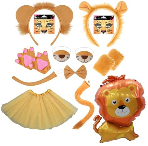 ChouGlow 14 Stück Löwen-Kostüm-Set, Tier Kostüm Set,Löwenohren und Schwanz Set,Löwenschwanz Tutu Röcke Ohren Stirnband Klaue Handschuhe Set,Karneval Tiere Cosplay Geburtstag Party Faschingskostüme
