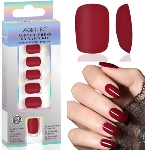 Aokitec Press on Nails Quadratisch – Künstliche Acrylnägel mit Nagelfeile und Klebestreifen, 24 rote Full-Cover-Stick-Nägel in 12 Größen, False Nails für Frauen & Mädche für Partys,Christmas