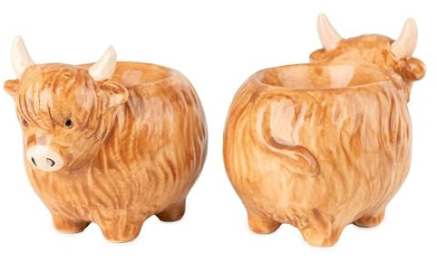 Home Deco London Highland Cow Kitchen Accessory, 3D Ceramic Head Design Novelty Ceramic Brown (Egg Cups Set of 2)