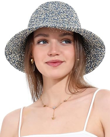 Chapeau de Soleil Femme en Paille Tressée Large Bord Reversible Plage Bob Pliable Été Voyage Protection UV UPF50+(Beige et Bleu)