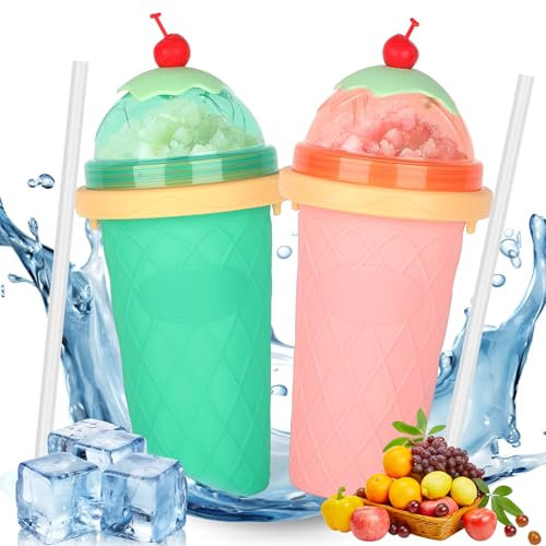 CIOXSOIO Lot de 2 DIY Slushy Cup, Silicone Slushy Maker Cup, Gobelet À Slush avec Paille et Cuillère 2 en 1, Homemade Smoothie Cup, Slushie Cup pour Cola Jus