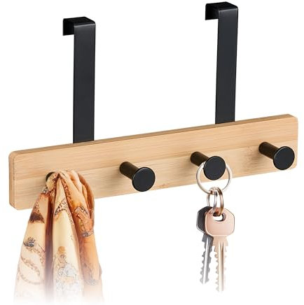 Relaxdays Türgarderobe, 4 Haken, Hakenleiste zum Einhängen, für 2 cm Tür, Bambus & Metall, Kleiderhaken, natur/schwarz
