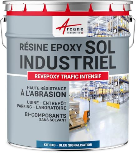 ARCANE INDUSTRIES Peinture Sol REVEPOXY TRAFIC INTENSIF : Résine Epoxy pour Sol Béton : Usine, Atelier Parking - 5 kg (jusqu'à 10 m² en 2 Couches) Bleu signalisation - RAL 5017
