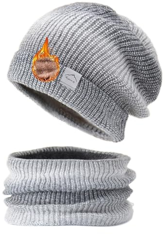 TUANMOZI Strickmütze mit Scarf Damen Wintermütze mit Farbverlauf Strickschal Set Warm Wintermütze und Schal mit Dicke Fleecefutter Herbst Winter Beanie Schal Set für Ski Outdoor