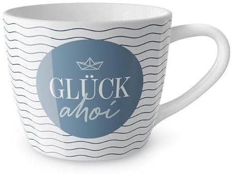 osters muschel-sammler-shop Maritimer Keramik Kaffeebecher GLÜCK ahoi, Modernes Küstendesign mit Papierboot-Motiv