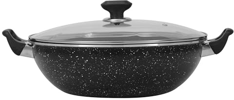 Sonex - 36cm Cooking Wok Karahi Kadhai with Glass lid and Spoon, 3-Ply Marble Non-Stick Coating, Aluminium, Suitable for Induction Cookers/Stoves, Cool-Touch Bakelite Handle
