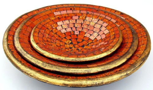 Guru-Shop Coupe Ronde en Mosaïque, Sous-verre, bol Décoratif, Coupe à Fruits en Céramique et Verre Faite Main - Motif 1, Orange, Taille : Ensemble de 3, Des Bols