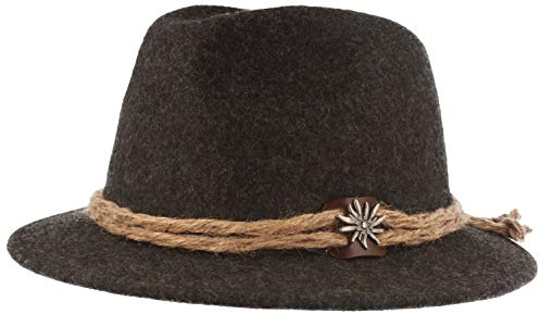 Breiter Herren Trachtenhut Filzhut Wanderhut Tiroler-Art 100% Wolle mit Hanfkordel, Edelweiss & schmaler Krempe Grau M