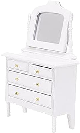 Puppenhaus Schlafzimmermöbel (Maßstab 1/12), Hölzerner Waschtisch Set Make Up Schminktisch Schreibtisch mit Schubladen, Weißes Finish