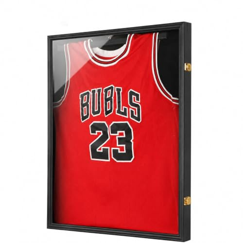 Jinchuan Trikot-Rahmen Vitrine Große Rahmen Shadow Box Abschließbar mit UV-Schutz für Baseball Basketball Fußball Fußball Hockey Sport Shirt Schwarz