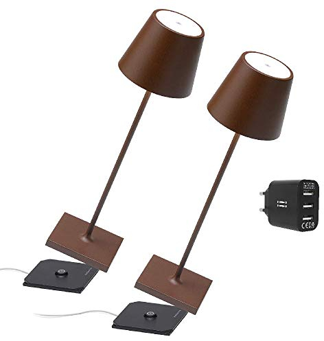 [Amazon Exclusive] Zafferano Kit 2x Poldina Pro Kabellose LED-Tischlampe Wiederaufladbar Touch-Dimmer - IP65 Innen/Außeneinsatz, Aluminium, H38cm mit Mehrfach-USB-Ladegerät, Corten