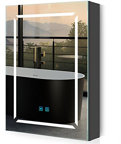 Quavikey® Black Bathroom Mirror Cabinet with Light and Shaver Socket 3 Color Changing LED Illuminated Bathroom Cabinet with Mirror Removeable Shelf and Built-in Defogger 500x700 mm Aluminium