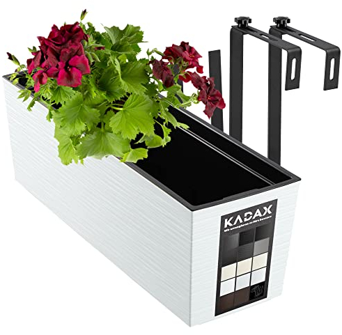 KADAX Jardinière en Plastique, 18,5x56 cm, bac à Fleurs avec Insert, jardinière de Balcon résistante aux intempéries, Pot de Fleurs rectangulaire (avec Supports, Motif rainuré, Blanc)