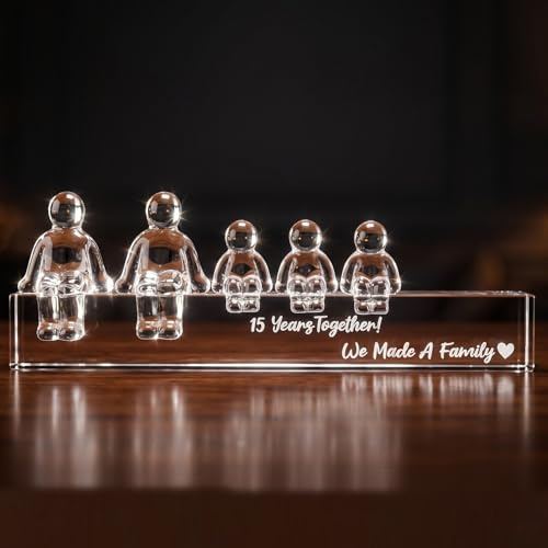 Movdyka Crystal 15th Anniversary Wedding Gifts for Couple Her Him | 3 Children, Glass 15 Year Anniversary Presents for Husband Wife, 15 Years Together We Made A Family Figurines Ornament