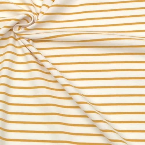 STOFFKONTOR Baumwoll Stretch Jersey Stoff Ringelstreifen - Meterware, Farbe Weiss Curry-Gelb - Öko-Tex Standard - zum Nähen von Kleidern, Röcken, Shirts, UVM.