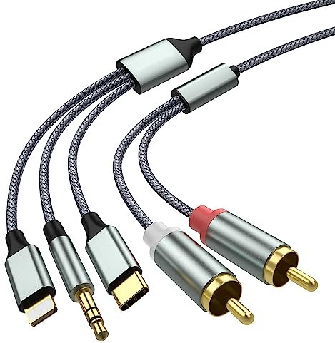 Lightning to RCA Cable Audio Aux Adapter,2RCA to 3.5mm Cable,USB C to 2 RCA Cable, (3 in 1 audio cable) for Power Amplifier, Car, Home Theater, Speaker and More(Lightning Compatible)