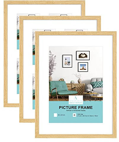 3 cadres photo en bois, clairs, avec passe-partout, pour impression A4 ou 10,16 - 10,16 x 15,24 cm, cadre pour diplôme et poster, avec plexiglas, pour affichage mural, 30 x 40 cm