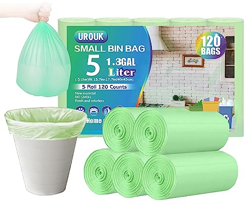 UROUK Small Green Bin liners 5L Pedal Bin Bags, 120 Counts Biodegradable Trash Bags,Mini Garbage Bags for Bathroom Kitchen,Office,(Fits 4 5 6L Bins)