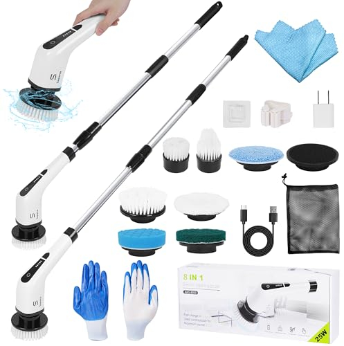 SAPANA Brosse électrique pour nettoyage, brosse rotative rechargeable avec 8 têtes remplaçables, tige d'extension réglable et gants, nettoyeur multi-surfaces pour sol, carrelage, fenêtres et voiture