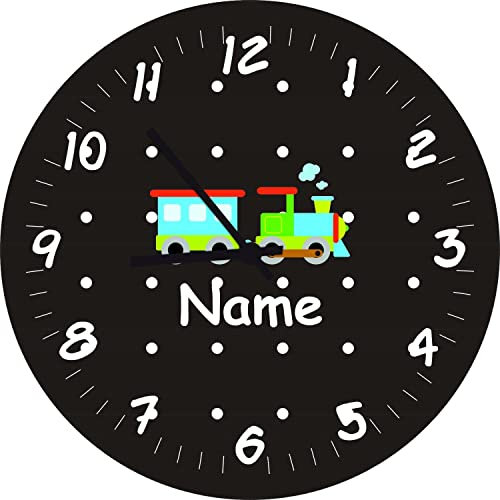 Shirtinstyle Kinderzimmeruhr mit Motiv Eisenbahn mit Wunschnamen Geschenk Uhr Kinder Handmade Wanduhr Wunschtext Name, 20cm, Farbe Schwarz