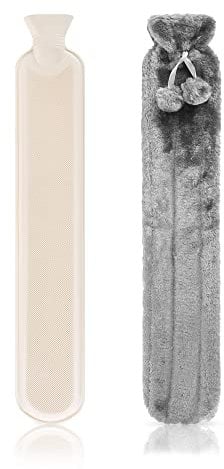 ASAB Long Hot Water Bottle with Cover 2L Pom Pom Soft Fur Hot Water Bottle Bag for Neck Back Ache Pain Relief Warm and Safe (Long Hot Water Bottle), Silver