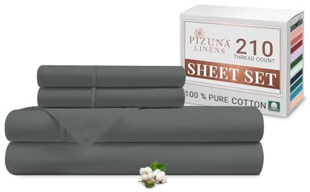 Pizuna Cotton Percale King Size Sheet Set Dark Grey 100% Long Staple | Combed Cotton Bedding, 275x280 cm, Soft Sateen 4 Pc King Bed -fitted Flat Sheet & 2 Pillowcases