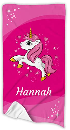 Unikatolo Kinder Badetuch Einhorn personalisiert mit Name Handtuch Strandtuch pink rosa vollflächig Bedruckt Geschenkidee Mädchen Ostern Weihnachten Schulanfang Geburtstag (70 x 140 cm)