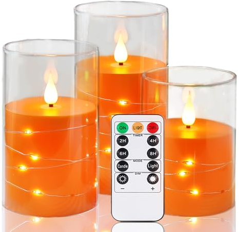 Kiexung Flashing Flameless Candles with String Light, Battery Powered Candle, Recessed String LED Candle, Indestructible Plexiglass Candles with Remote Control, Set of 3, Orange