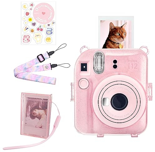 HIYQIN Great Glitter Clear Case with Portable Photo Box Compatible with Fujifilm Instax Mini 12, Instant Mini 12 Case with Accessories - Glitter Pink