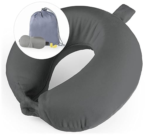 Blumtal Nackenkissen für unterwegs - Reisekissen mit waschbarem Bezug, inkl. Schlafmaske & Ohrstöpsel - Travel Essentials für Flugzeug, Zug, Auto, Camping oder Zuhause - Anthrazit