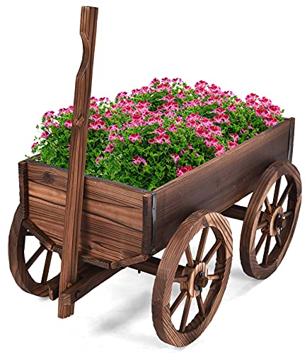 GOPLUS Blumenkasten mit Wagenrad, Pflanzkasten aus Massivholz, Hochbeet mit Griff, Blumentrögen mit Belüftungslöchern, Groß, Frei Stehend, für Garten Balkon & Terrasse