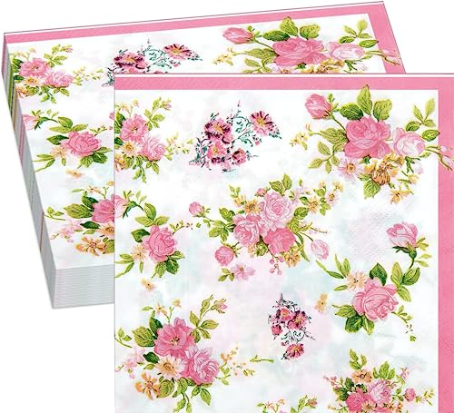 40 Stück Blumen Servietten Einweg Papier Servietten Vintage Servietten Blumen Cocktail Servietten Elegante Blumen Rosa Servietten