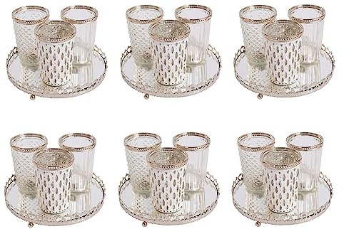 Jinfa 18er-Set Windlichter Teelichtglas mit 6 Spiegelplatten Teelichthalter Kerzenglas Kerzentablett | Antikweiß