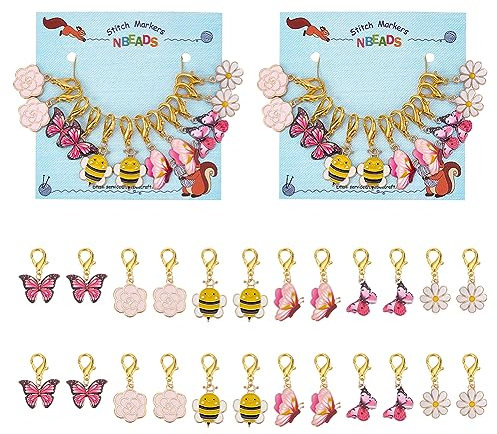 nbeads 24 Stück Schmetterling Blume Biene Maschenmarkierer, Legierung Emaille Häkeln Stich Marker Charms Verriegelung Stich Marker mit Zink-Legierung Karabinerverschluss für Häkeln Quilten Zubehör