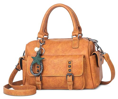 SODOLLEE Handtasche Damen Henkeltaschen mit Exquisiter Anhänger Retro Umhängetasche PU Leder Schultertasche für Arbeiten Reisen Shopper Gelb