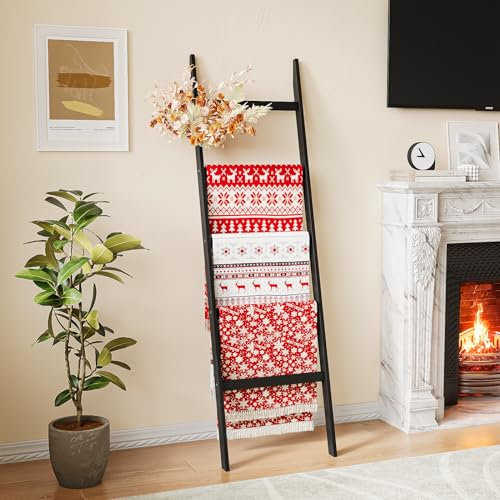 Blanket Ladder Towel Racks for Bathroom 5 Layers Towel Holder 100% Bamboo Wood Sturdy Construction No Need Wall Drilling Quilt Scarf Storage Solution Decorative Leaning Shelf for Living Room (Black)