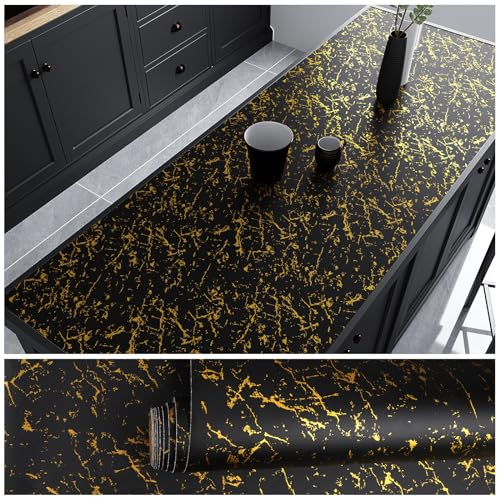 VEELIKE Adhesive Film - Marble Look Black Gold - Self-Adhesive Wall Decor for Bathroom & Kitchen Worktops - 81 cm x 300 cm