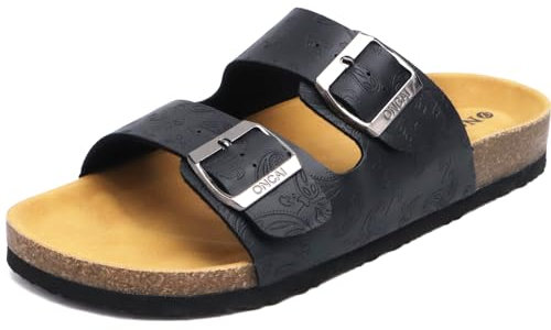ONCAI Damen Pantoletten Bequeme Hausschuhe mit Kork-Fußbett Suede Kork-Fußbett Sandalen Mit Verstellbarer Rieme Floral Schwarz 39 EU