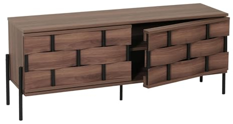 Mendler TV-Rack HWC-M44, Fernsehtisch Lowboard TV-Schrank Kommode, Staufächer, 3D-Flecht-Design Push-to-Open Türen 120cm, braun