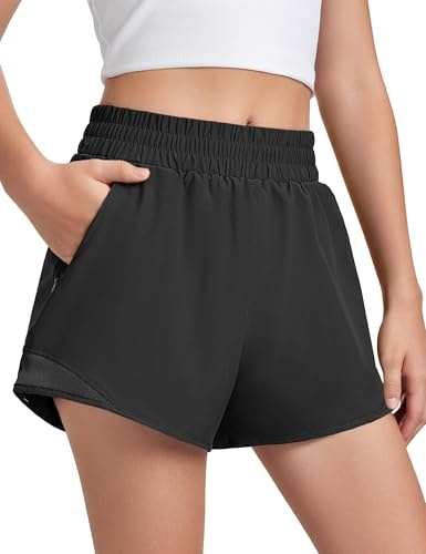 Somaibo Girls Athletic Shorts with Liner Quick Dry Running Soccer Shorts with Zip Pockets for Kids Active Sports Volleyball 9-10 Years Black