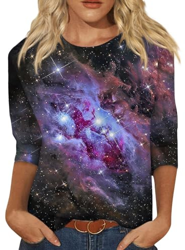 RMBLYfeiye Tops Tshirt Damen Oversize T Shirt Bedrucken Galaxie Drucken Bluse Dreiviertelarm Shirt Rundhalsausschnitt Sommer T-Shirt Tunika Damen (Purple, XL)