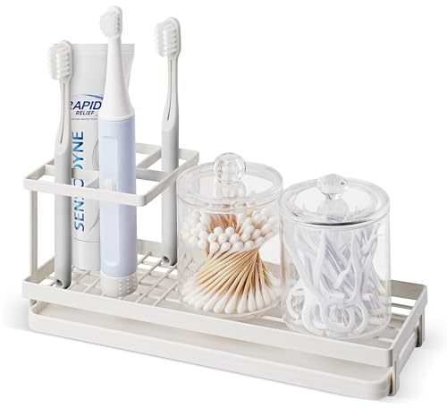IWTTWY Toothbrush Holders for Bathroom, 4 Slots Metal Toothbrush Caddy, Electric Tooth Brush Toothpaste Holder with Removable Drip Tray - Razors Holder Vanity Countertop Organizer (White)
